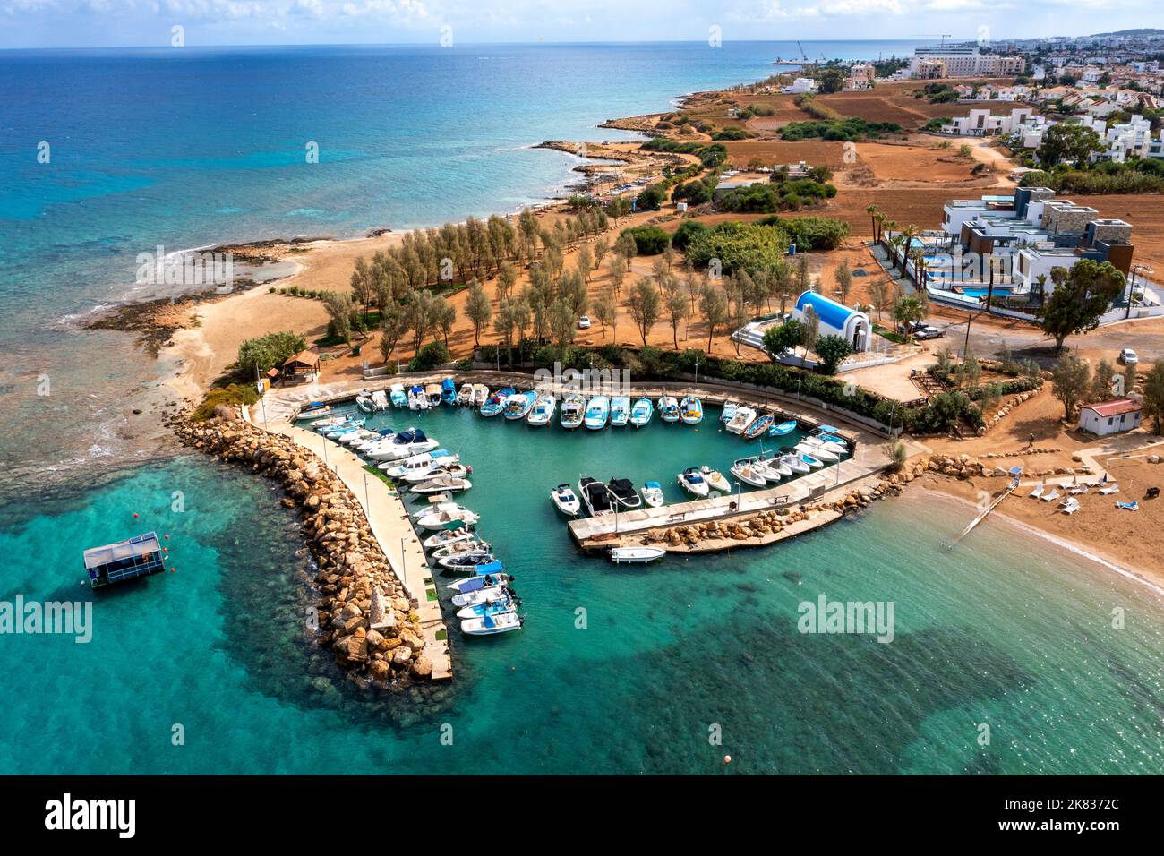 Aerial view of Agia Triada beach (Trinity Beach) and harbour, Paralimni