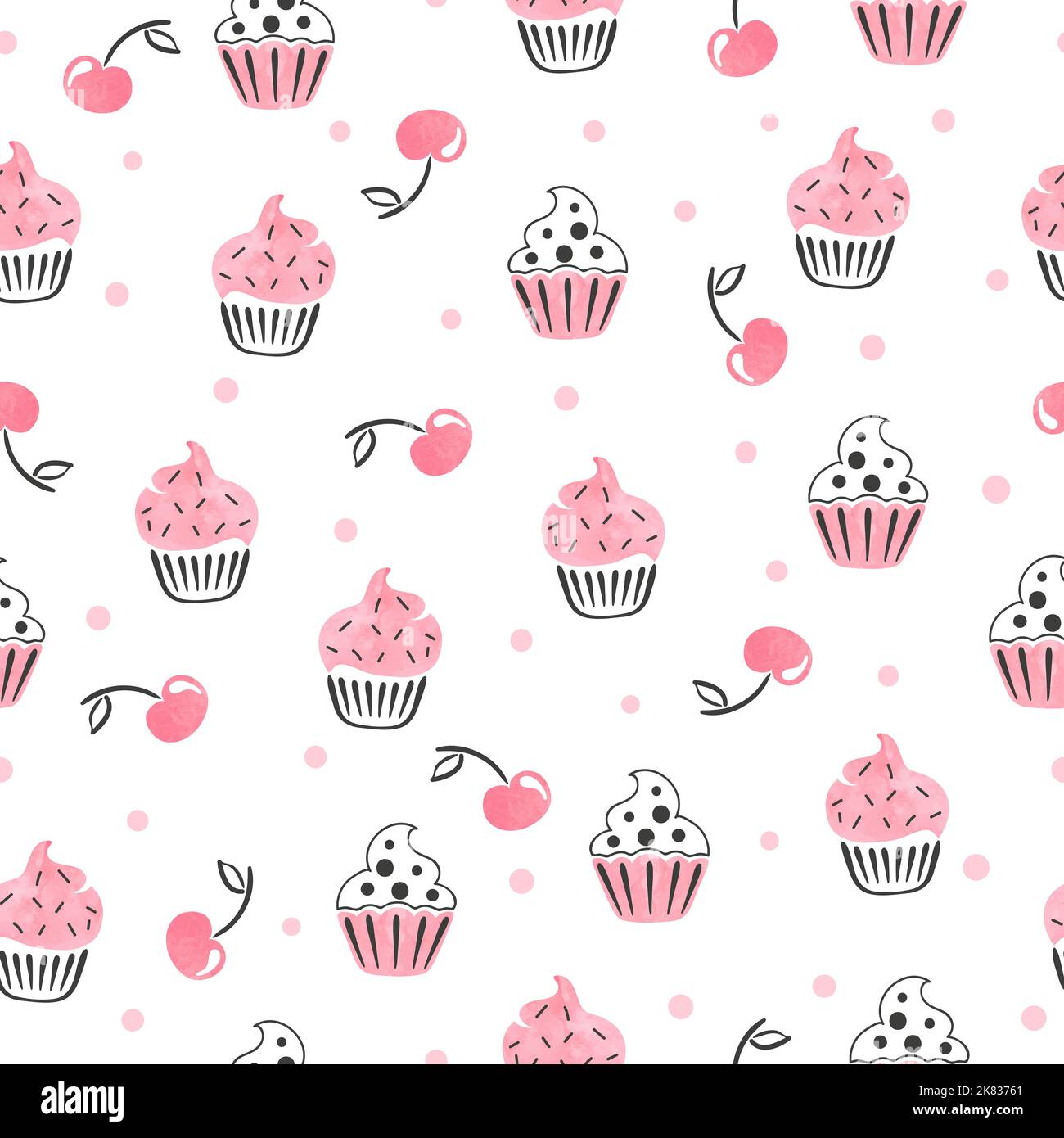 Sweet cupcakes seamless pattern. Vector background with cakes and cherry Stock Vector