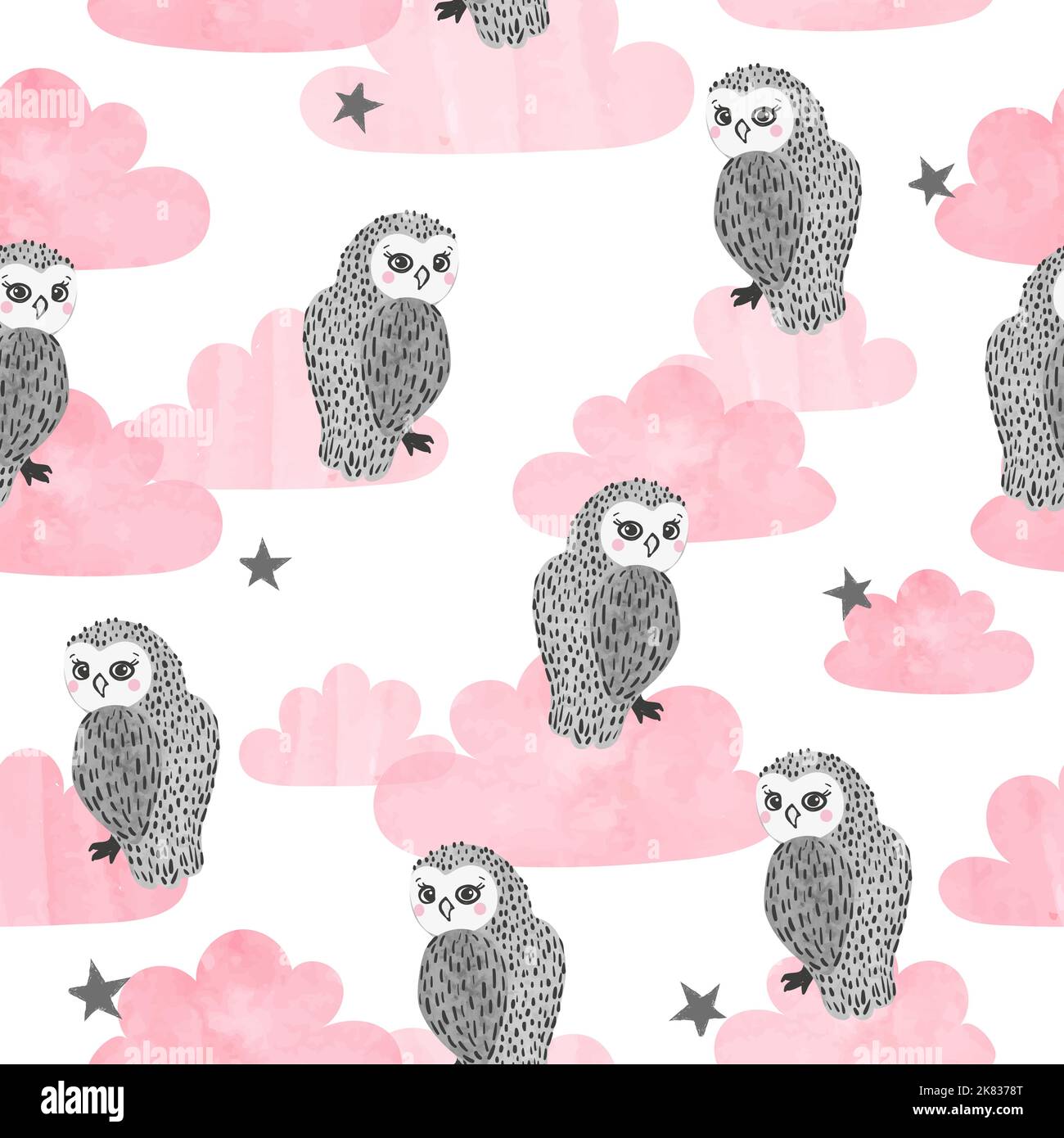 Seamless vector pattern with cute watercolor owls and clouds. Stock Vector