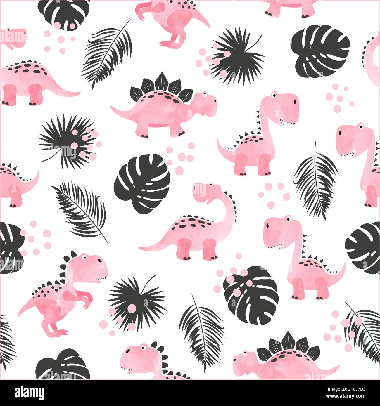 Seamless cute pink cartoon dinosaurs pattern. Vector watercolor dino background for kids Stock