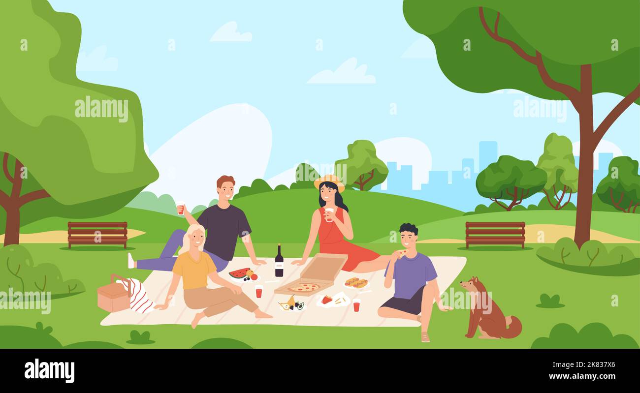 Summer picnic and recreation. Group of friends chilling and eating food in city park. Young man and woman sitting on blanket drinking wine with pizza. Stock Vector
