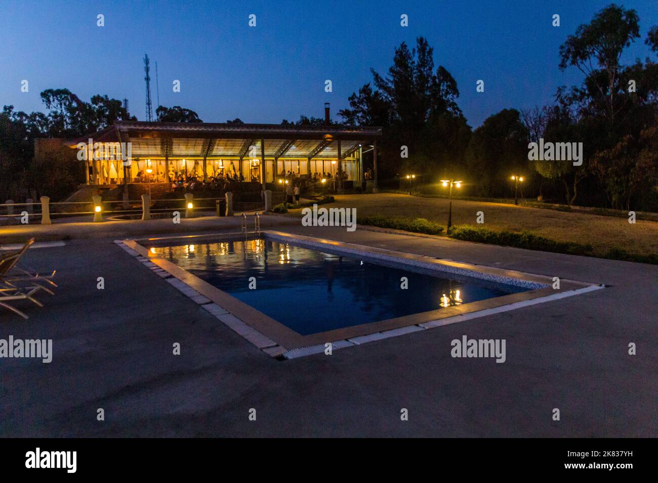 Evening view of a hotel pool in Gondar, Ethiopia. Stock Photo