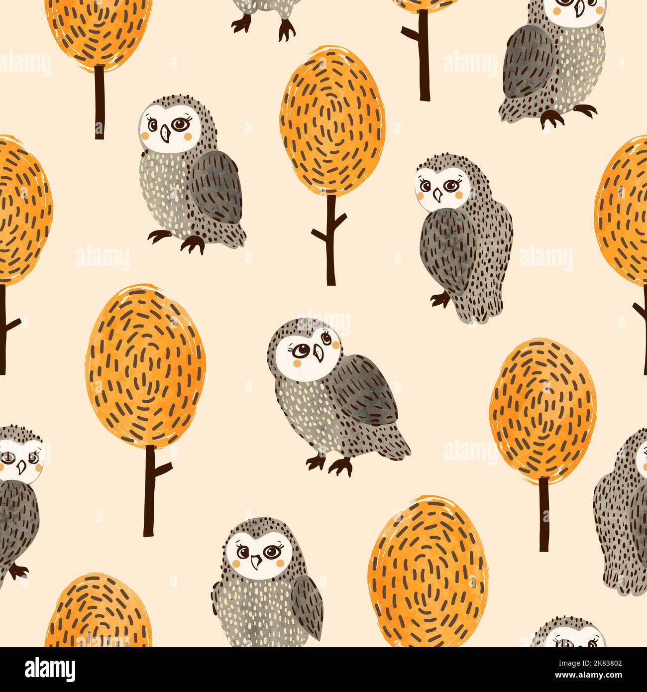 Vector forest seamless pattern with cute watercolor owls and trees ...