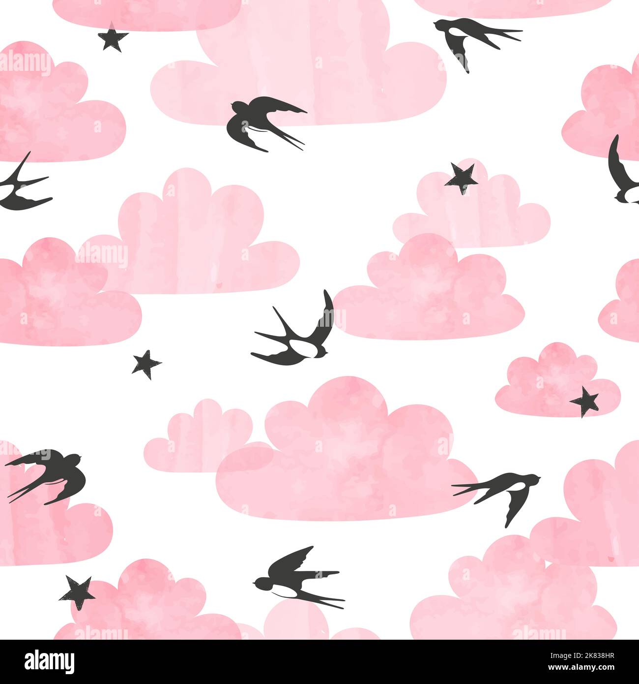 Seamless flying swallows and pink watercolor clouds pattern. Stock Vector