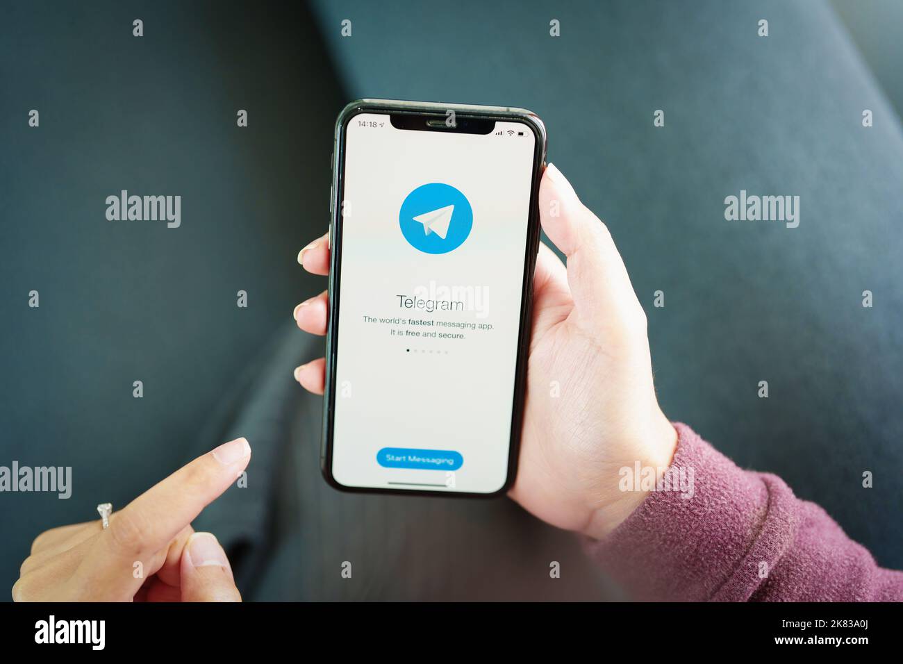 Chiangmai, Thailand April 03 2022 : Telegram application icon smartphone mobile close-up. Telegram app icon. Telegram is an online social media Stock Photo