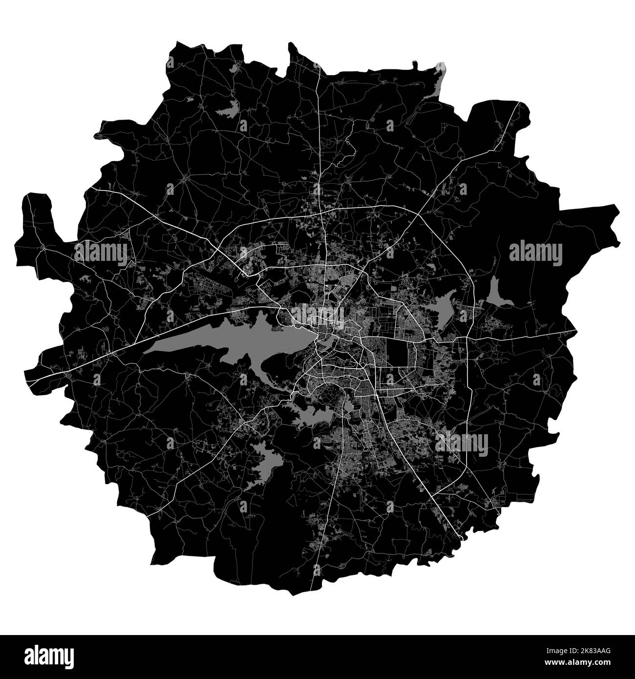 Bhopal map. Detailed vector map of Bhopal city administrative area. Cityscape poster metropolitan aria view. Black land with white roads and avenues. Stock Vector