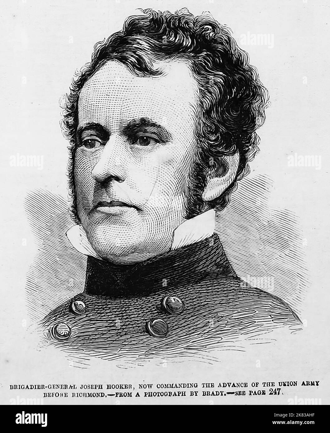 Portrait of Brigadier General Joseph Hooker, now commanding the advance of the Union Army before Richmond. 1862. 19th century American Civil War illustration from Frank Leslie's Illustrated Newspaper Stock Photo