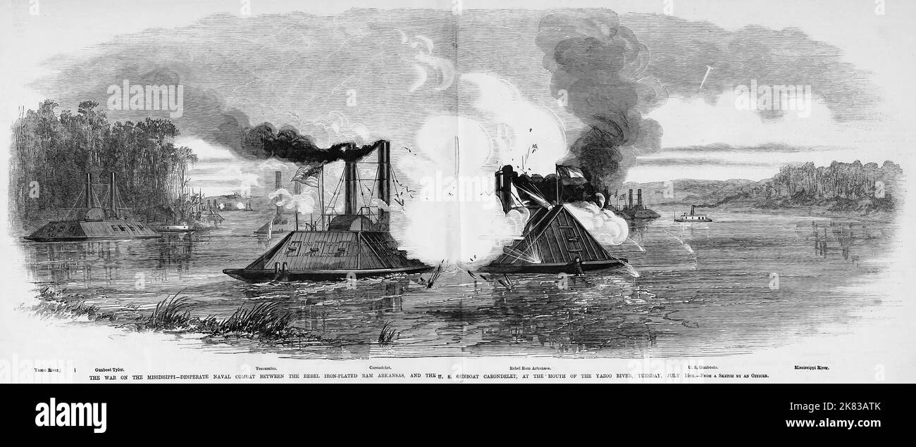 The War on the Mississippi - Desperate Naval combat between the Rebel iron-plated ram Arkansas, and the U. S. gunboat Carondelet, at the mouth of the Yazoo River, Tuesday, July 15th, 1862. 19th century American Civil War illustration from Frank Leslie's Illustrated Newspaper Stock Photo