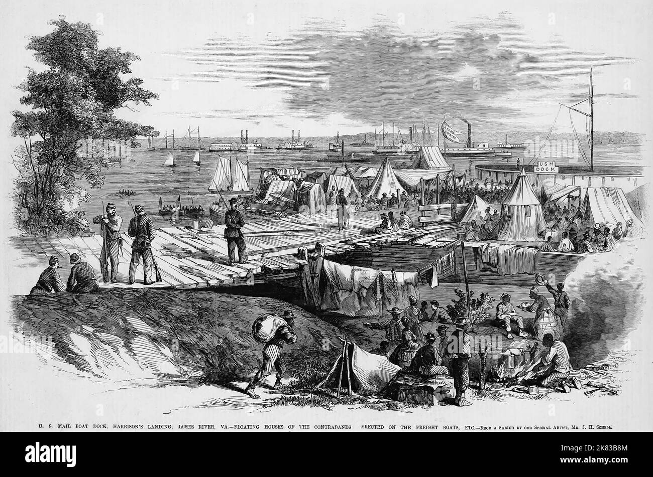 U. S. Mail Boat Dock, Harrison's Landing, James River, Virginia - Floating houses of the contrabands erected on the freight boats, etc. July 1862. 19th century American Civil War illustration from Frank Leslie's Illustrated Newspaper Stock Photo