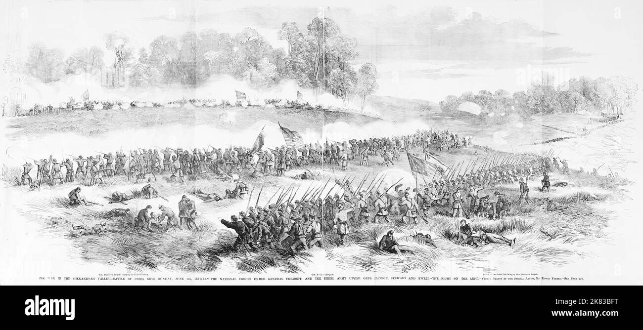 The War in the Shenandoah Valley - Battle of Cross Keys, Sunday, June 8th, 1862, between the National forces under General John Charles Frémont, and the Rebel Army under Generals 'Stonewall' Jackson, J. E. B. Stewart and  Richard Stoddert Ewell - The fight on the left - General Louis Blenker's Brigade. 19th century American Civil War illustration from Frank Leslie's Illustrated Newspaper Stock Photo
