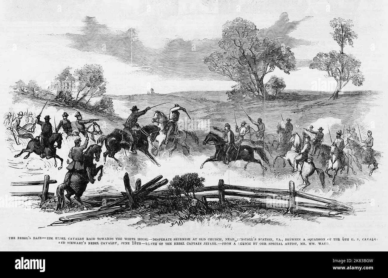 The Rebel's Raid - The Rebel cavalry raid towards the White House (plantation) - Desperate skirmish at Old Church, near Turnstall's Station, Virginia, between a squadron of the 5th U.S. cavalry and J. E. B. Stewart's cavalry, June 13th, 1862 - Death of the Rebel Captain Jetane. 19th century American Civil War illustration from Frank Leslie's Illustrated Newspaper Stock Photo