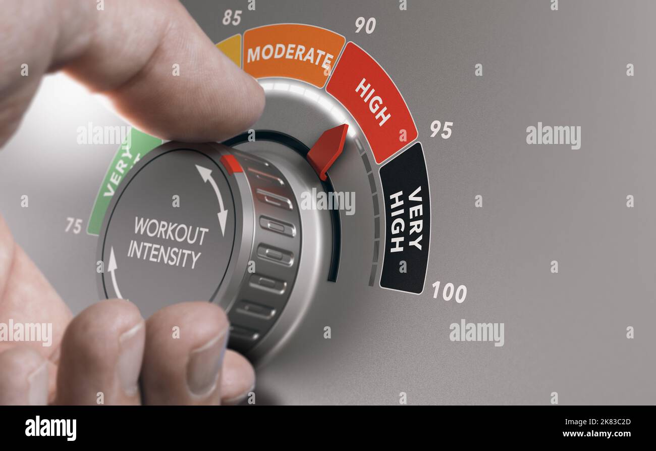 Man turning workout knob to high level. HIIT workout, High Intendsity Interval Training concept. Composite image between a hand photography and a 3D b Stock Photo