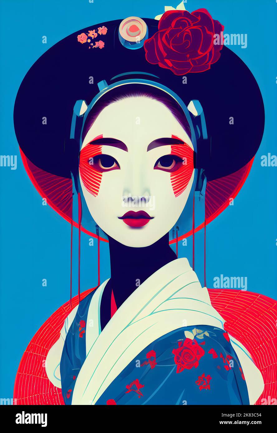 Illustrative drawing of a geisha. 1950s poster style. Digital art. Stock Photo