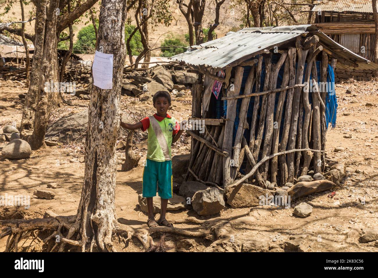 NORTHWESTERN ETHIOPIA - MARCH 18, 2019: Local boy in a small village in northeastern Ethiopia Stock Photo