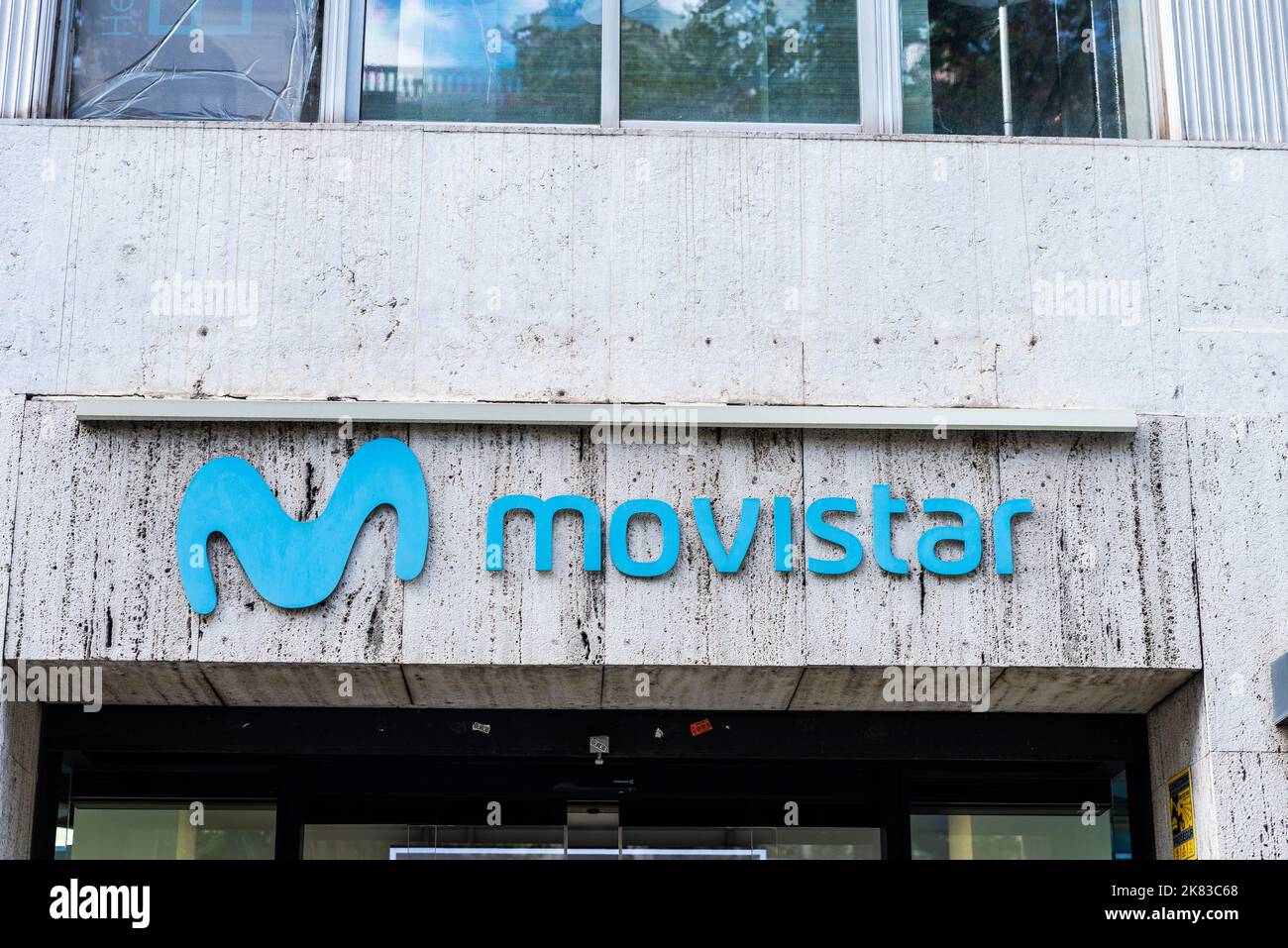 Barcelona, Spain - October 3, 2022: Sign of a Movistar phone store in Diagonal avenue, a shopping street of Barcelona, Catalonia, Spain Stock Photo