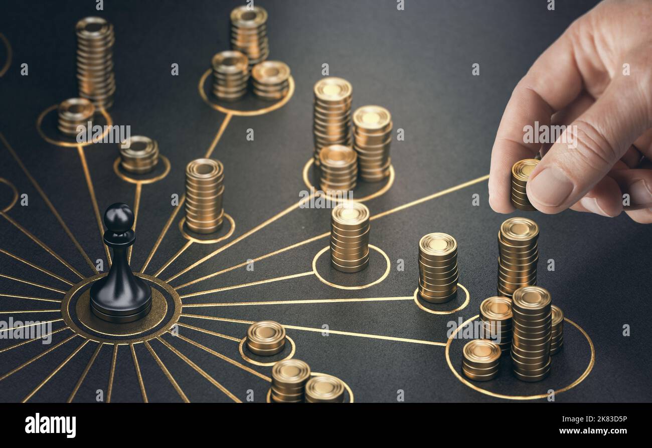 Man puting golden coins on a board representing multiple streams of income. Concept of multiplying sources of revenue. Composite image between a 3d il Stock Photo