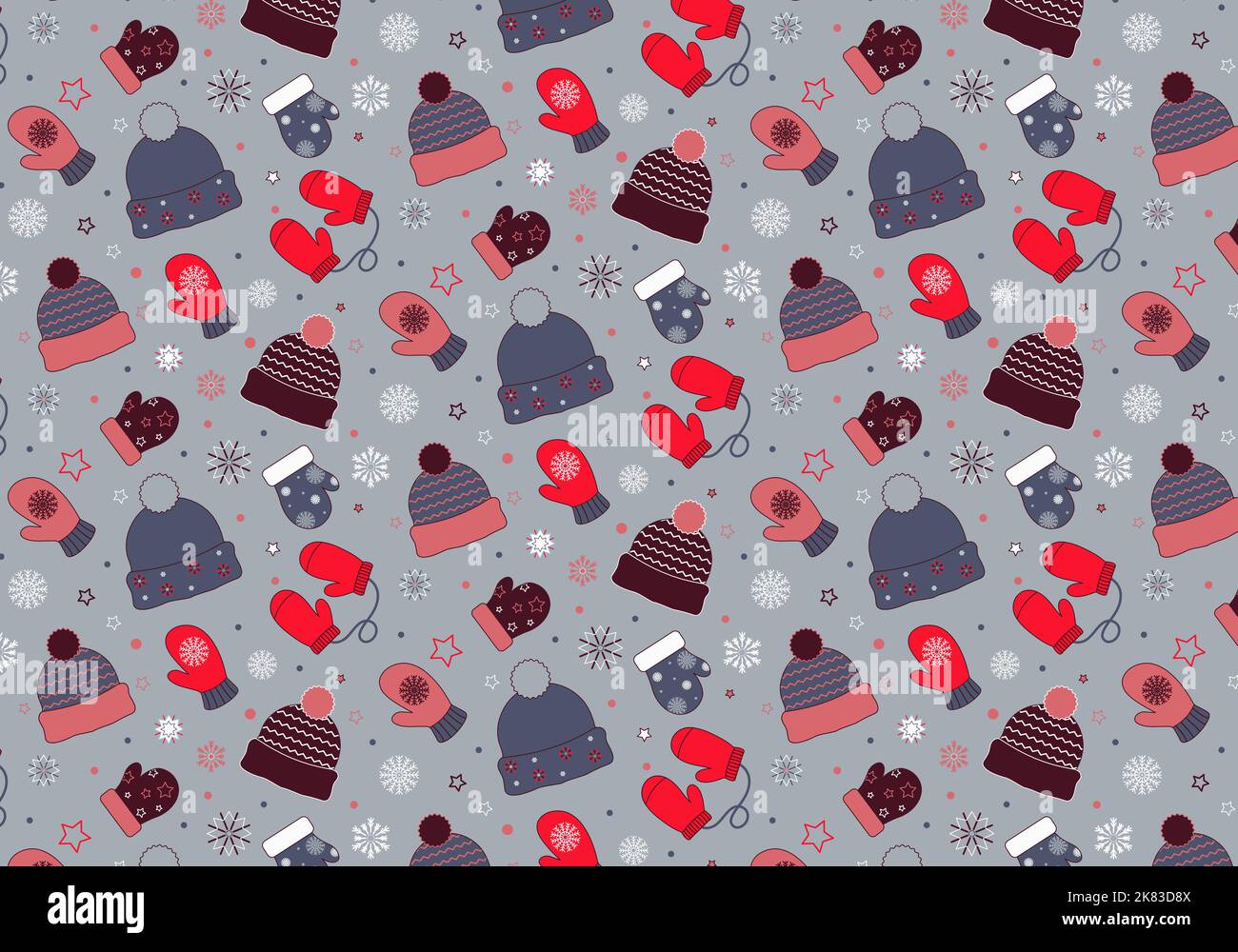 Winter pattern with hats, mittens and snowflakes. Stock Vector