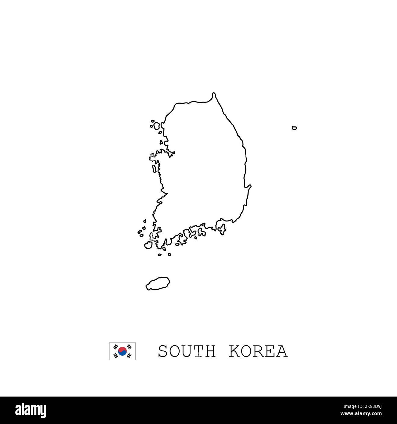 South Korea vector map outline, line, linear. South Korea black map on white background. South Korea flag Stock Vector
