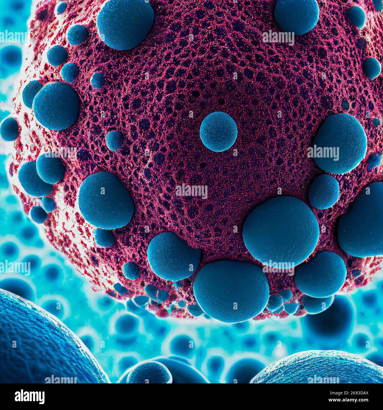 HIV Virus Particles Budding away from a T-lymphocyte Cell Membrane Stock Photo
