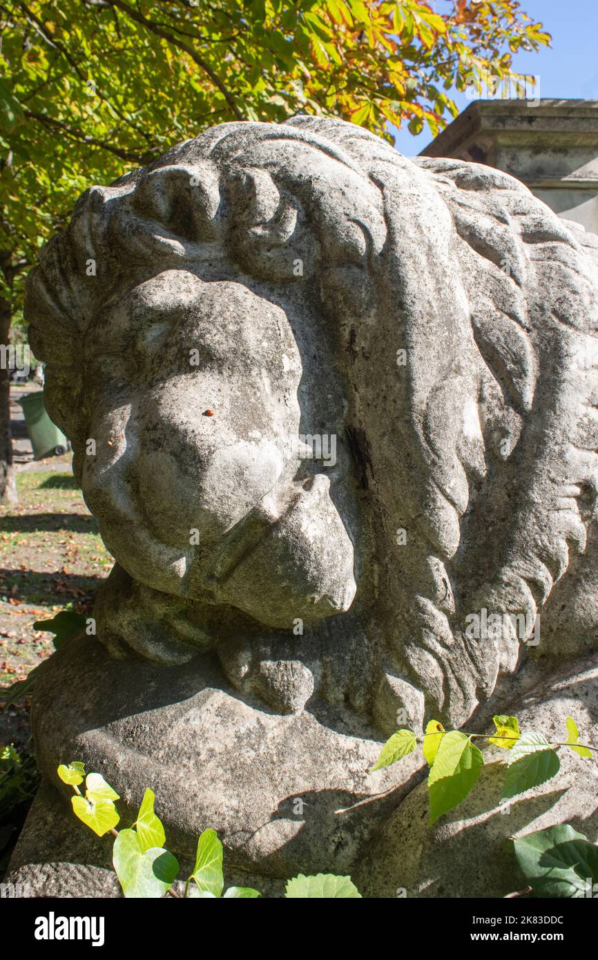 Lion sculpture on a grave in Kerepesi temető - Kerepesi cemetery, Budapest, Hungary Stock Photo