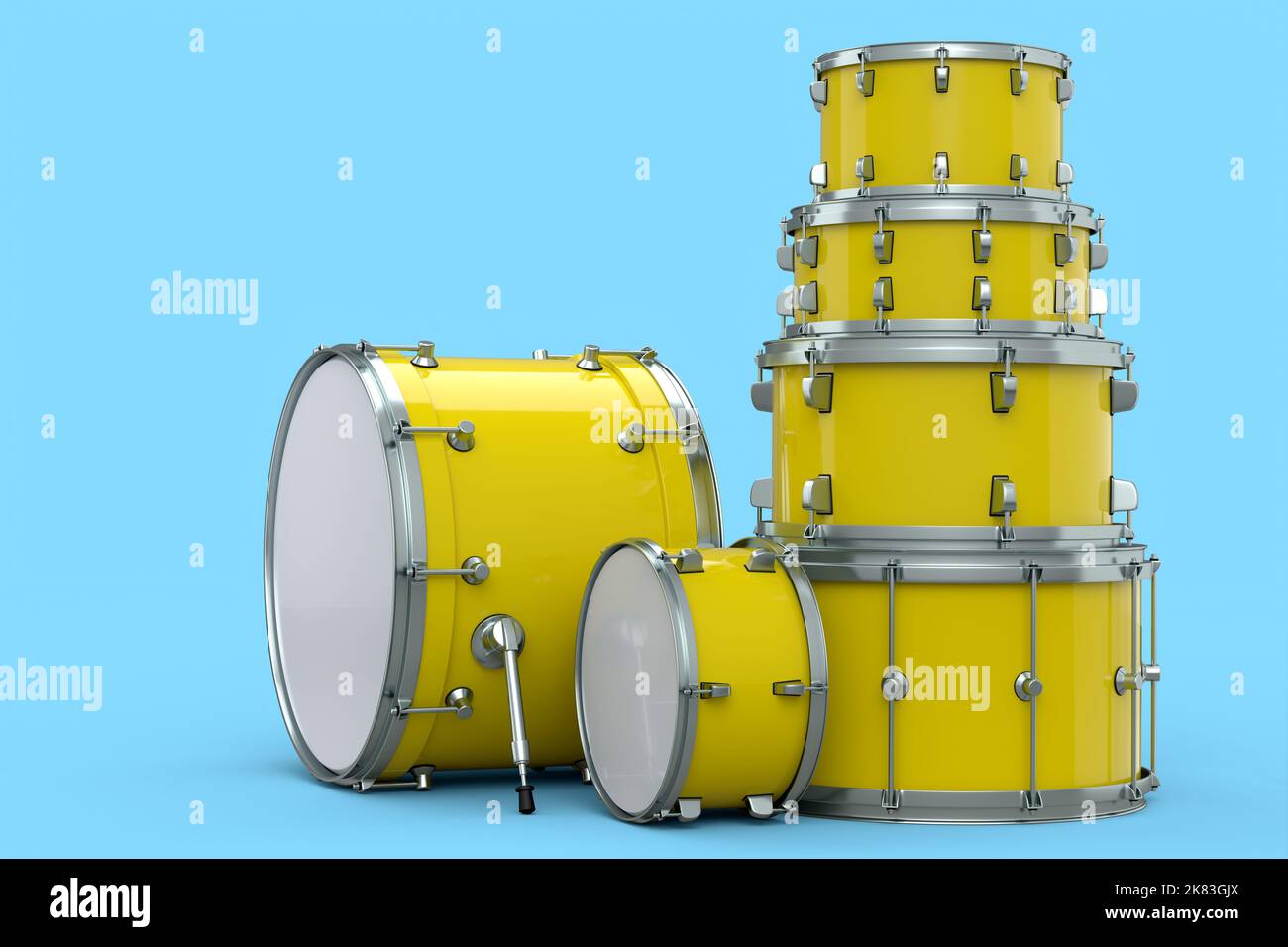 Set of realistic drums or drumset on blue background. 3d render concept of musical percussion