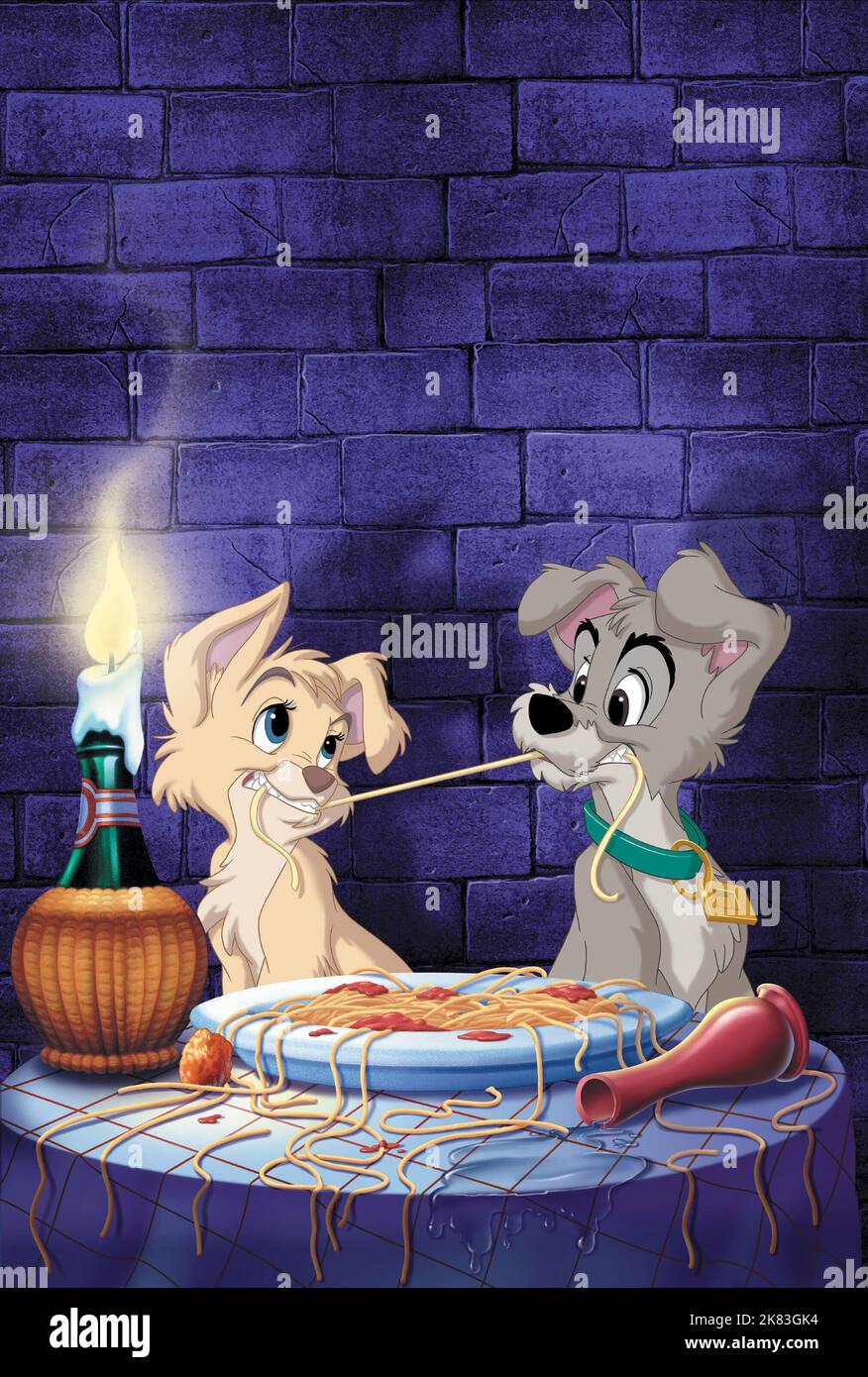 Scamp Eats Spaghetti Film: Lady And The Tramp Ii: Scamp'S Adventure; Lady And The Tramp 2: Scamp'S Adventure (USA/AUS 2001)   Regie: Darrell Rooney & Jeannine Roussel, Director: Darrell Rooney, J Roussel 18 February 2001   **WARNING** This Photograph is for editorial use only and is the copyright of WALT DISNEY PICTURES and/or the Photographer assigned by the Film or Production Company and can only be reproduced by publications in conjunction with the promotion of the above Film. A Mandatory Credit To WALT DISNEY PICTURES is required. The Photographer should also be credited when known. No com Stock Photo