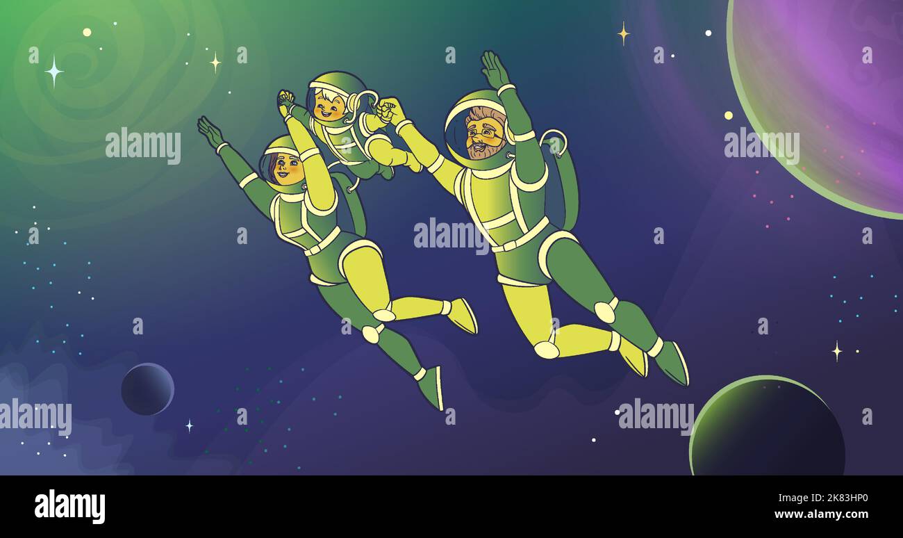 A family of Superman astronauts is flying in space holding hands. Vector illustration in cartoon style Stock Vector