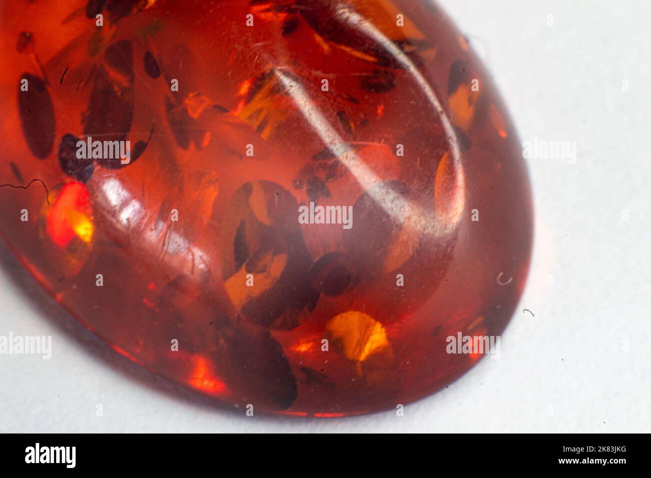 Macro heat treated deep orange amber cabochon with circular inclusions isolated on white surface Stock Photo