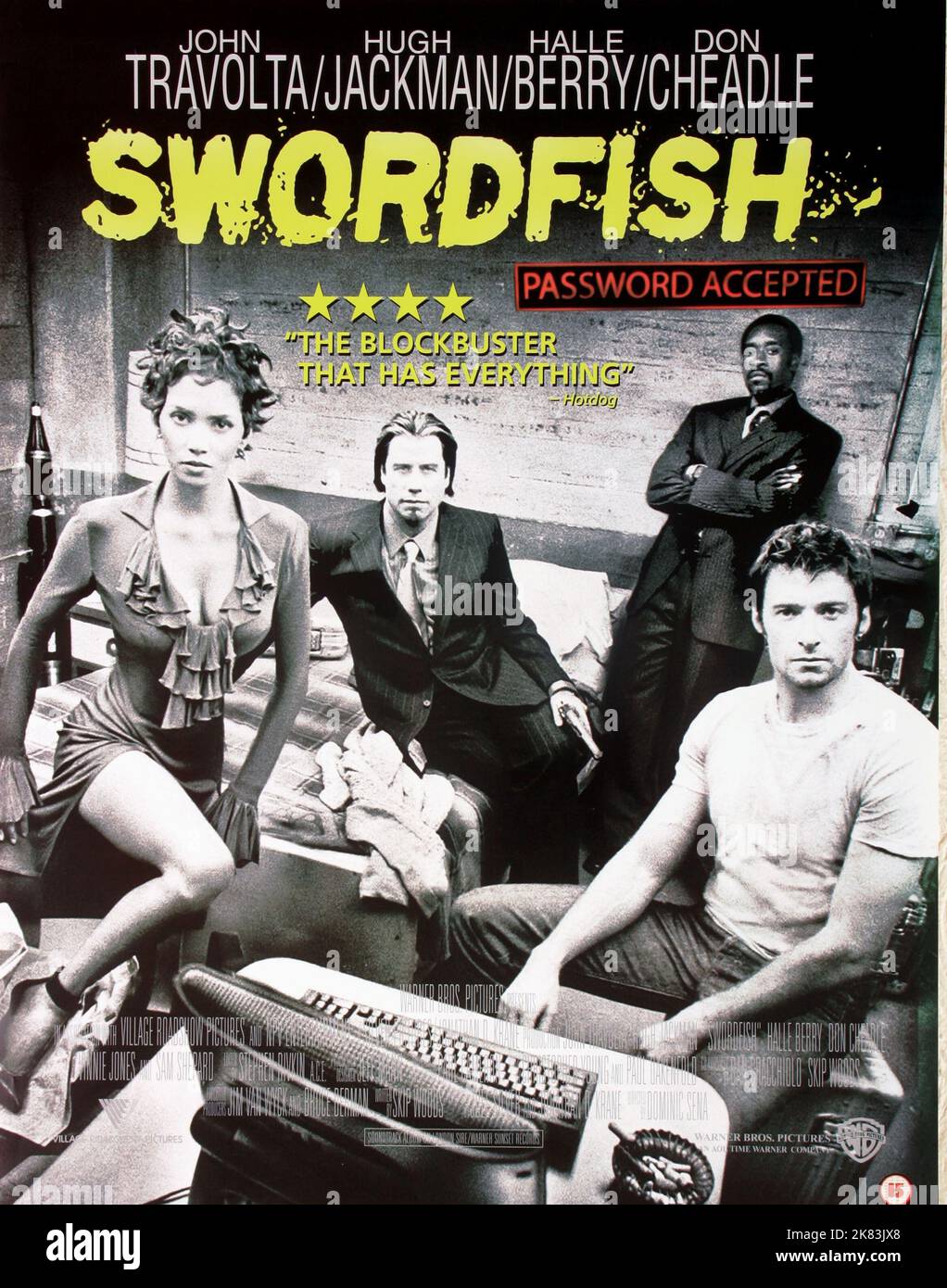 Halle Berry, John Travolta, Don Cheadle & Hugh Jackman Film: Swordfish (USA 2001) Characters: Ginger Knowles,Gabriel Shear,Agent J.T. Roberts & Stanley Jobson  Director: Dominic Sena 04 June 2001   **WARNING** This Photograph is for editorial use only and is the copyright of WARNER BROS. and/or the Photographer assigned by the Film or Production Company and can only be reproduced by publications in conjunction with the promotion of the above Film. A Mandatory Credit To WARNER BROS. is required. The Photographer should also be credited when known. No commercial use can be granted without writte Stock Photo