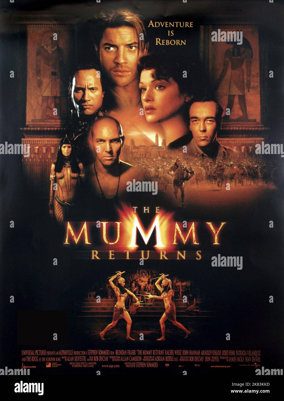 Patricia Velasquez, Arnold Vosloo, Dwayne 'The Rock' Johnson, Brendan Fraser, Rachel Weisz & John Hannah Film Poster Film: The Mummy Returns (USA 2001)   Director: Stephen Sommers 29 April 2001   **WARNING** This Photograph is for editorial use only and is the copyright of UNIVERSAL PICTURES and/or the Photographer assigned by the Film or Production Company and can only be reproduced by publications in conjunction with the promotion of the above Film. A Mandatory Credit To UNIVERSAL PICTURES is required. The Photographer should also be credited when known. No commercial use can be granted with Stock Photo