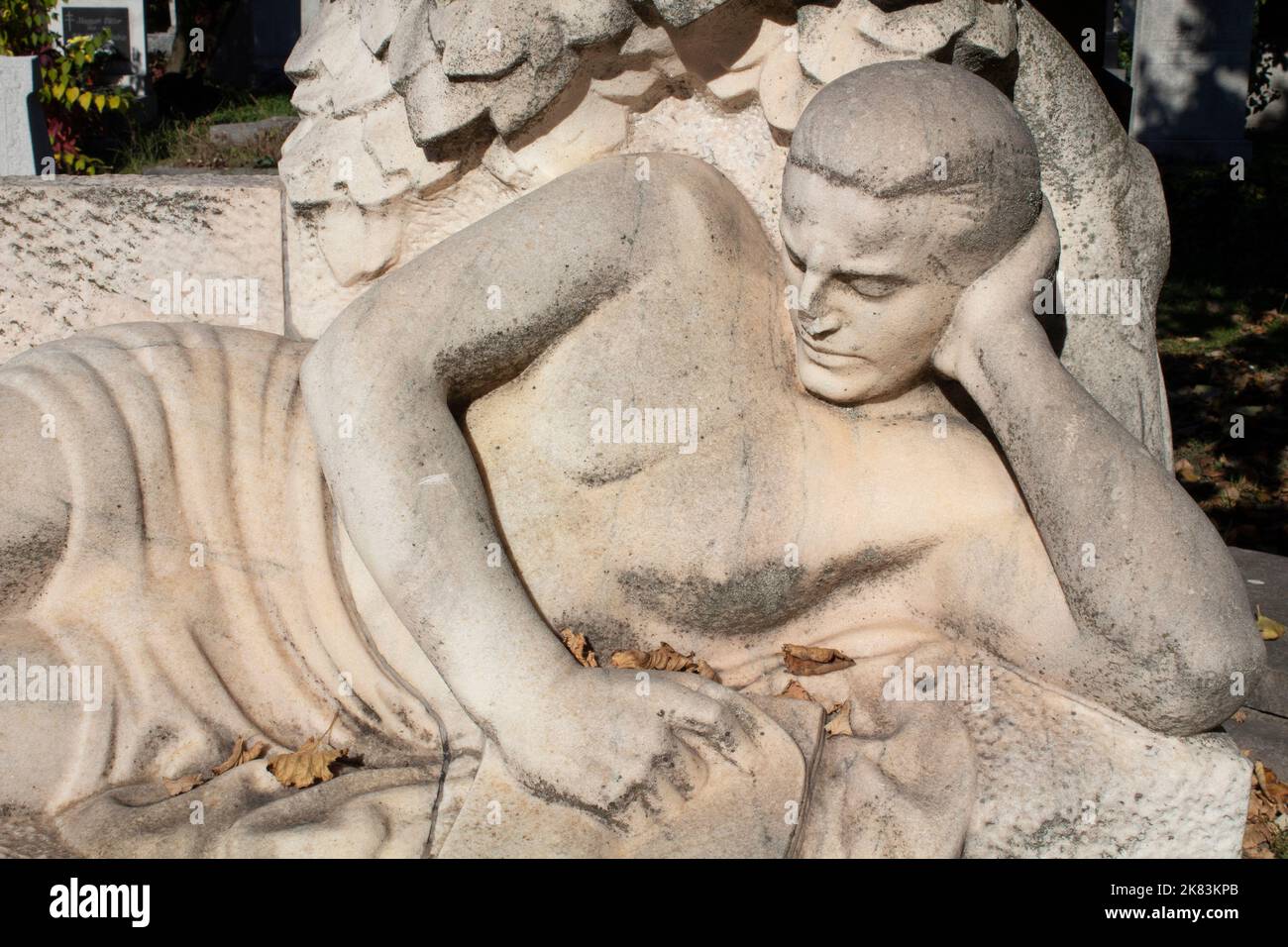 Statue of a man reading a book marking a grave in Kerepesi Cemetery - Pest Budapest, Hungary Stock Photo