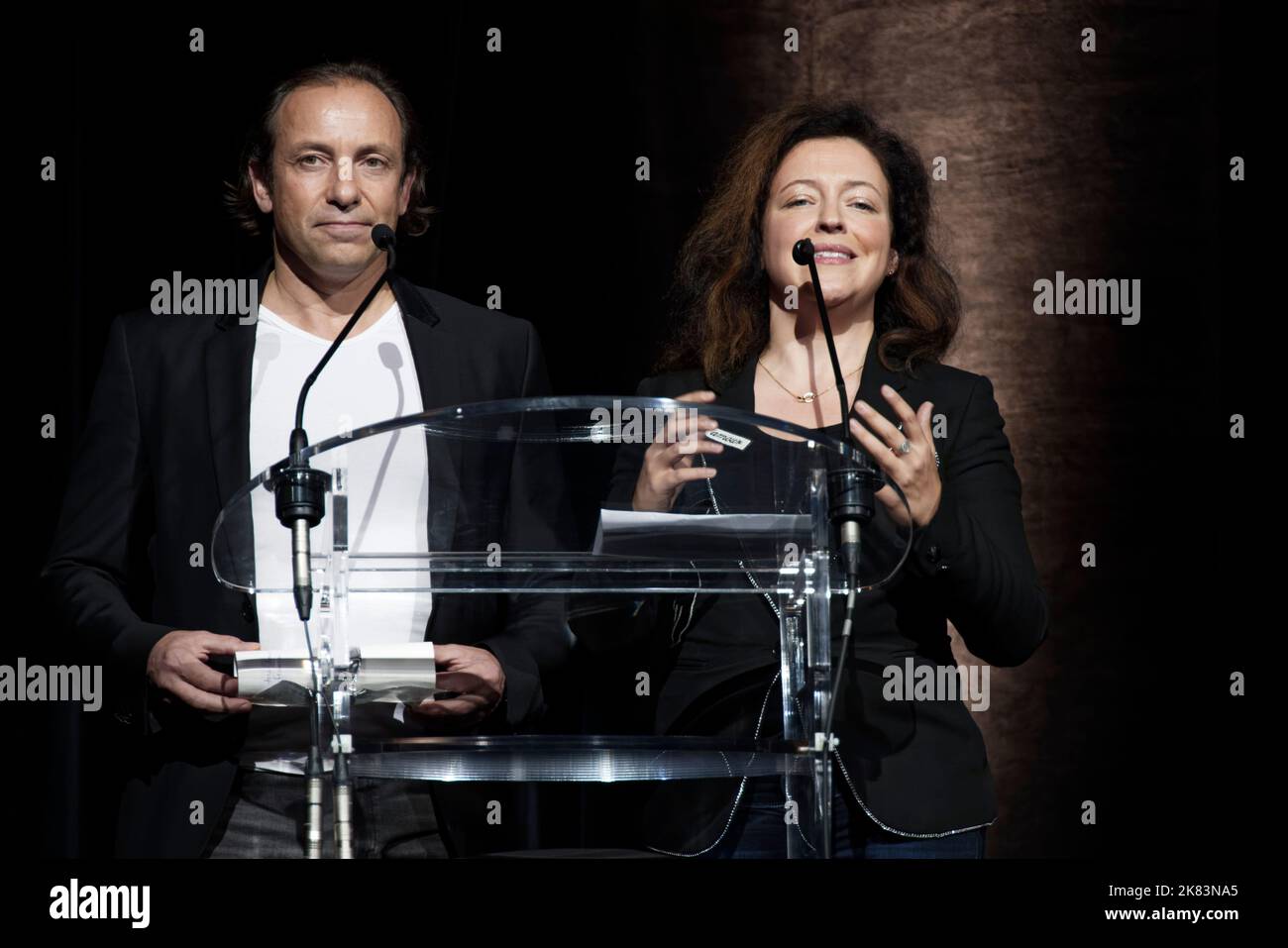Paris, France. 17th Oct, 2022. Philippe Candeloro and Guila Clara Kessous speak during the DAPAT 2022 awards ceremony at the Edouard VII theater. Stock Photo