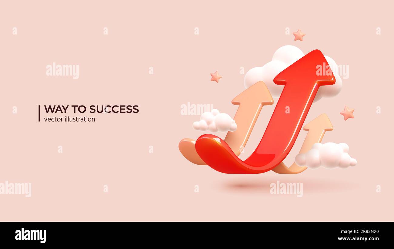 Business Arrow Target Direction - 3D Concept to Success. Realistic 3d design of Way to Success Cover Poster, Persentation, Social Media Poster. in cartoon minimal style. Stock Vector