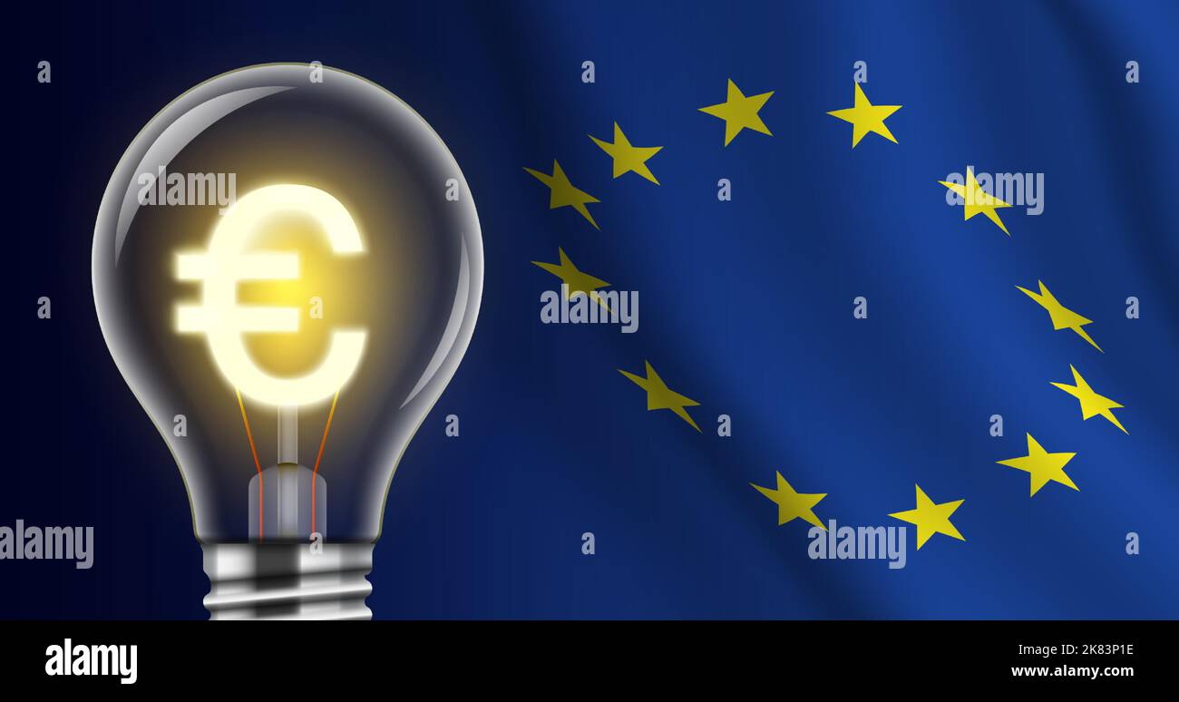 Light bulb with a shining Euro sign on a EU flag background. High electricity price creative concept illustration. European Union energy crisis and politics vector banner. Stock Vector