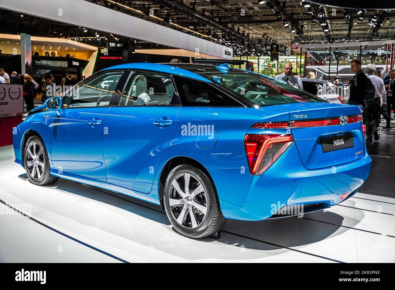 Toyota Mirai electric fuel cell vehicle showcased at the Paris Motor Show. Paris, France - October 2, 2018. Stock Photo