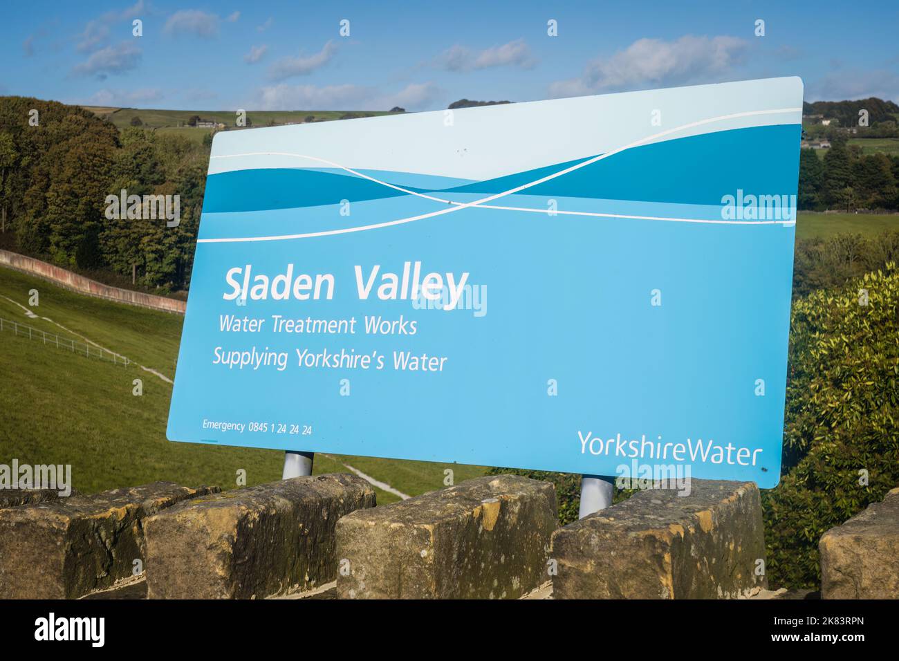 17.10.2022 Haworth, West Yorkshire, UK Signpost saying 'Sladen Valley water treatment works' Stock Photo