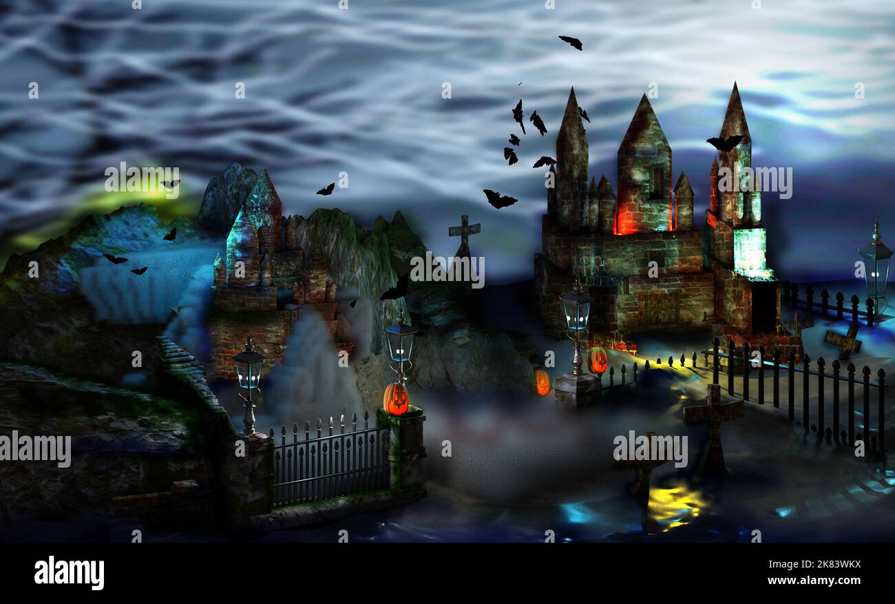Halloween background with medieval castle and cemetery with pumpkins, lanterns and flying bats in the night. Stock Photo
