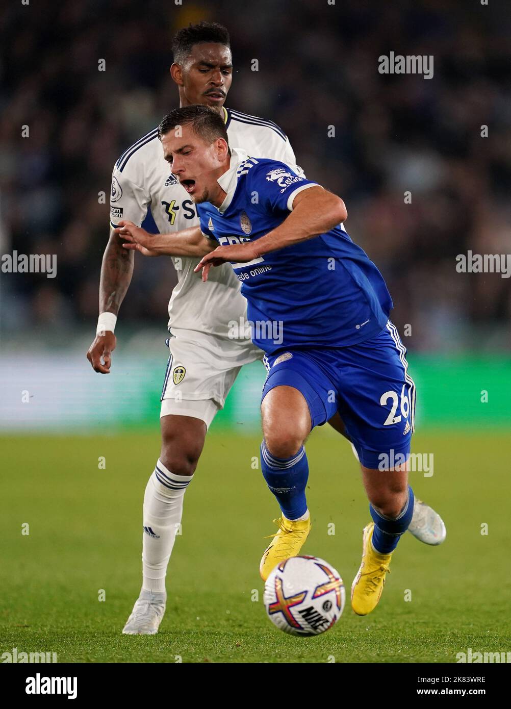 Leicester City's Dennis Praet (right) is fouled by Leeds United's Junior Firpo during the Premier League match at the King Power Stadium, Leicester. Picture date: Thursday October 20, 2022. Stock Photo