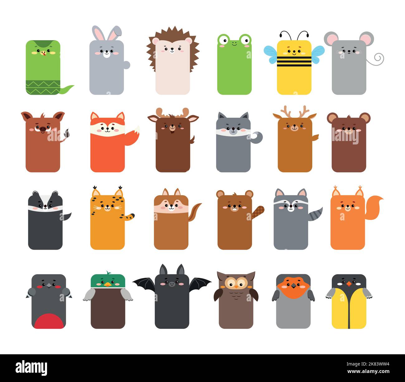 Rectangular forest animal faces icon set isolated on white Stock Vector ...