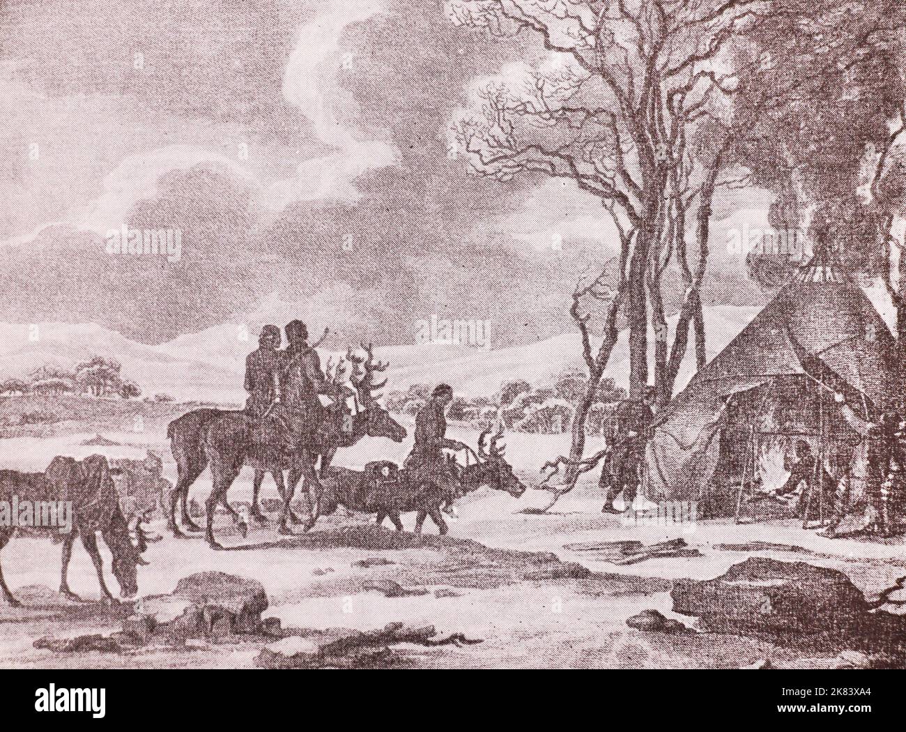Hunting among the Nenets people in Russian Empire. Engraving from 1692. The Nenets, also known as Samoyed, are a Samoyedic ethnic group native to northern Arctic Russia, Russian Far North. Stock Photo