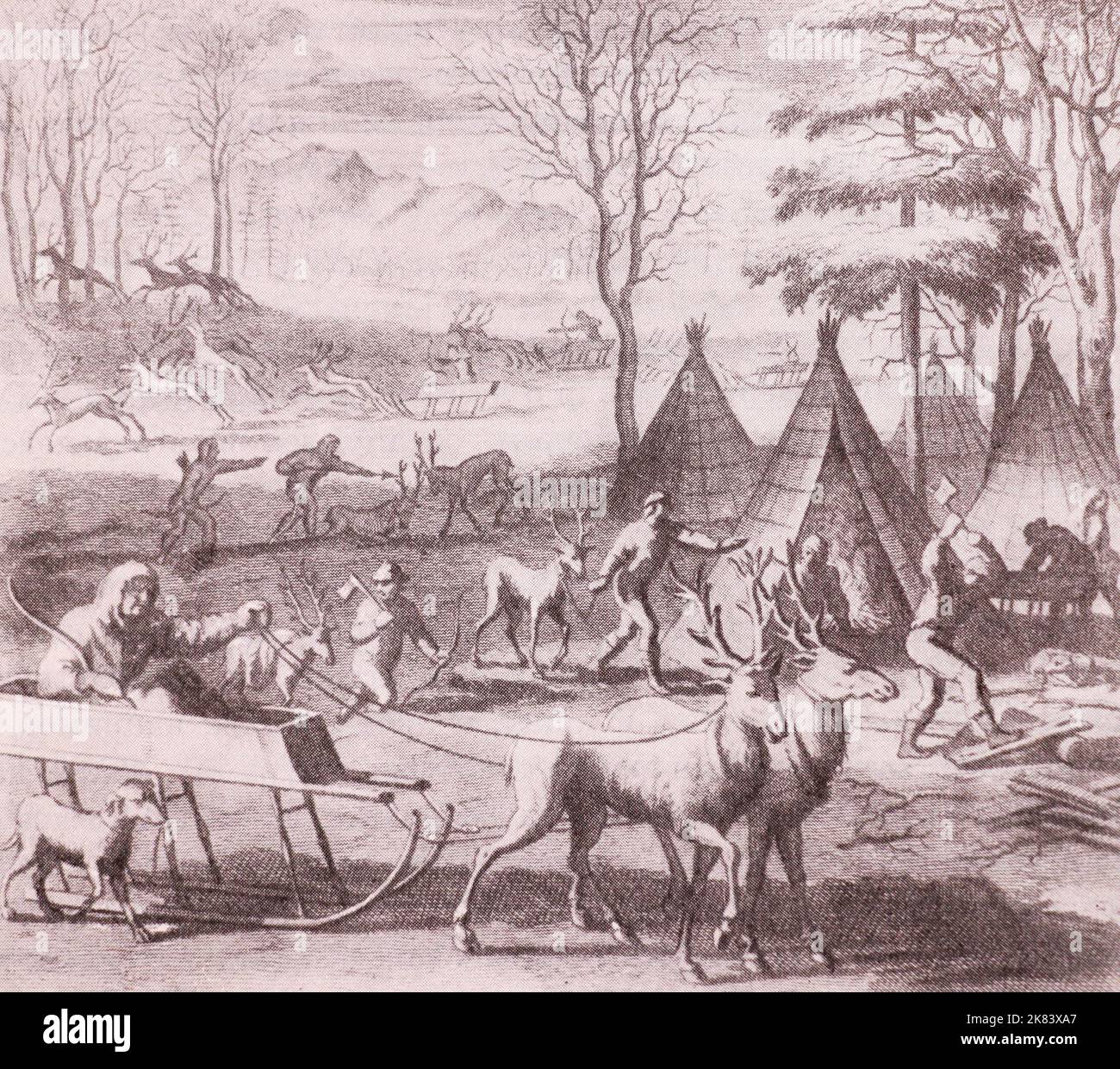 Hunting among the Nenets people in Russian Empire. Engraving from 1692. The Nenets, also known as Samoyed, are a Samoyedic ethnic group native to northern Arctic Russia, Russian Far North. Stock Photo