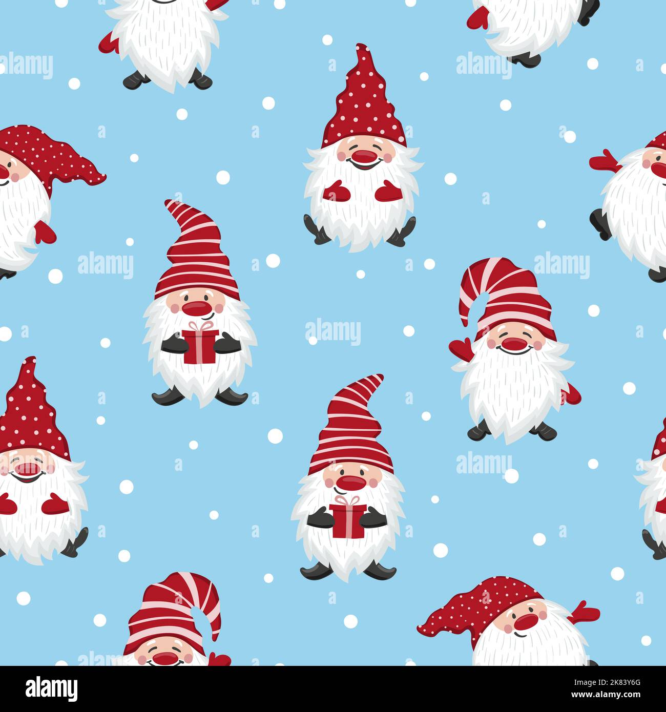 Cute gnomes pattern. Seamless Christmas background with elf characters. Stock Vector