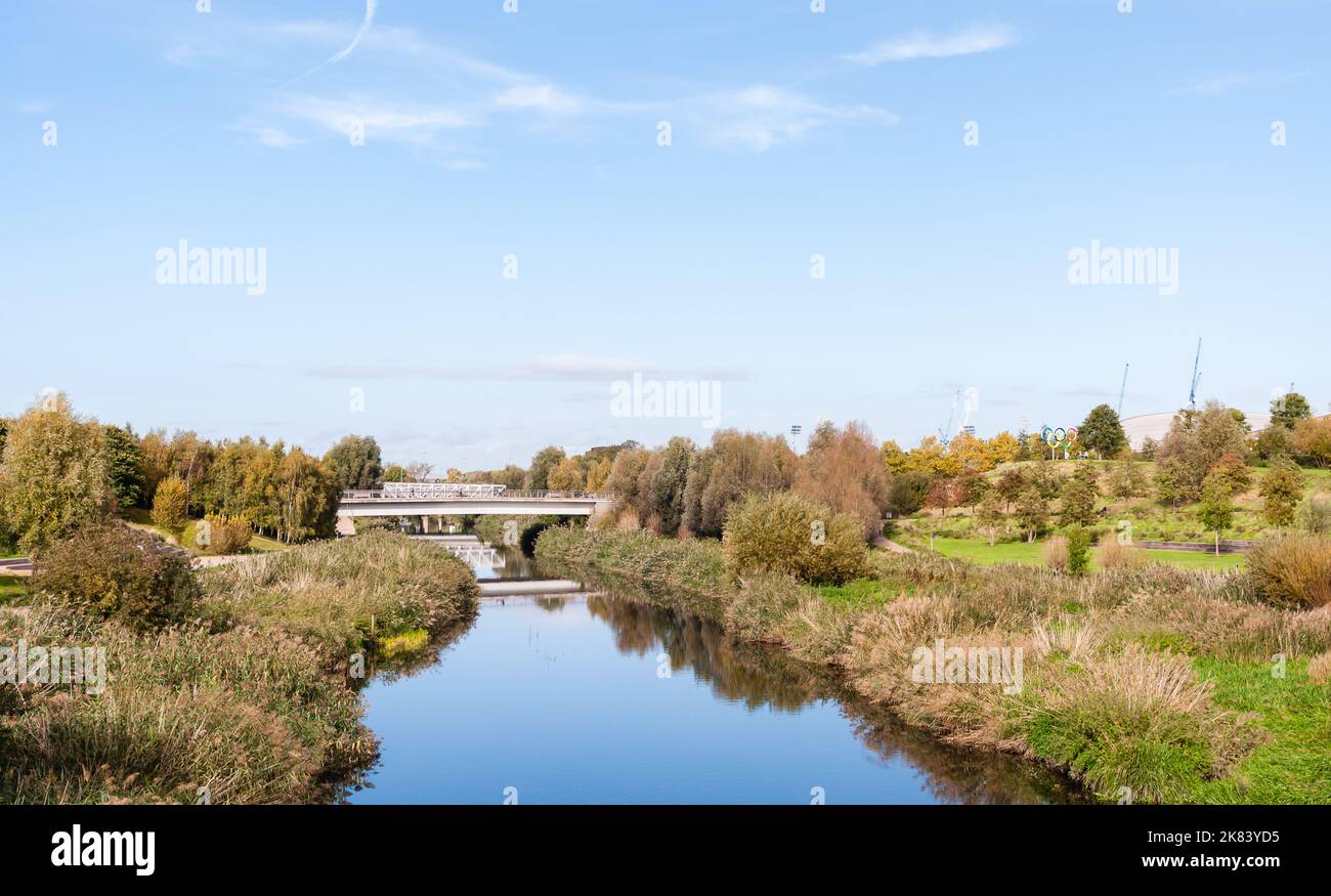 River Lea and at Queen Elizabeth Olympic Park in autumn, Stratford, East London Stock Photo