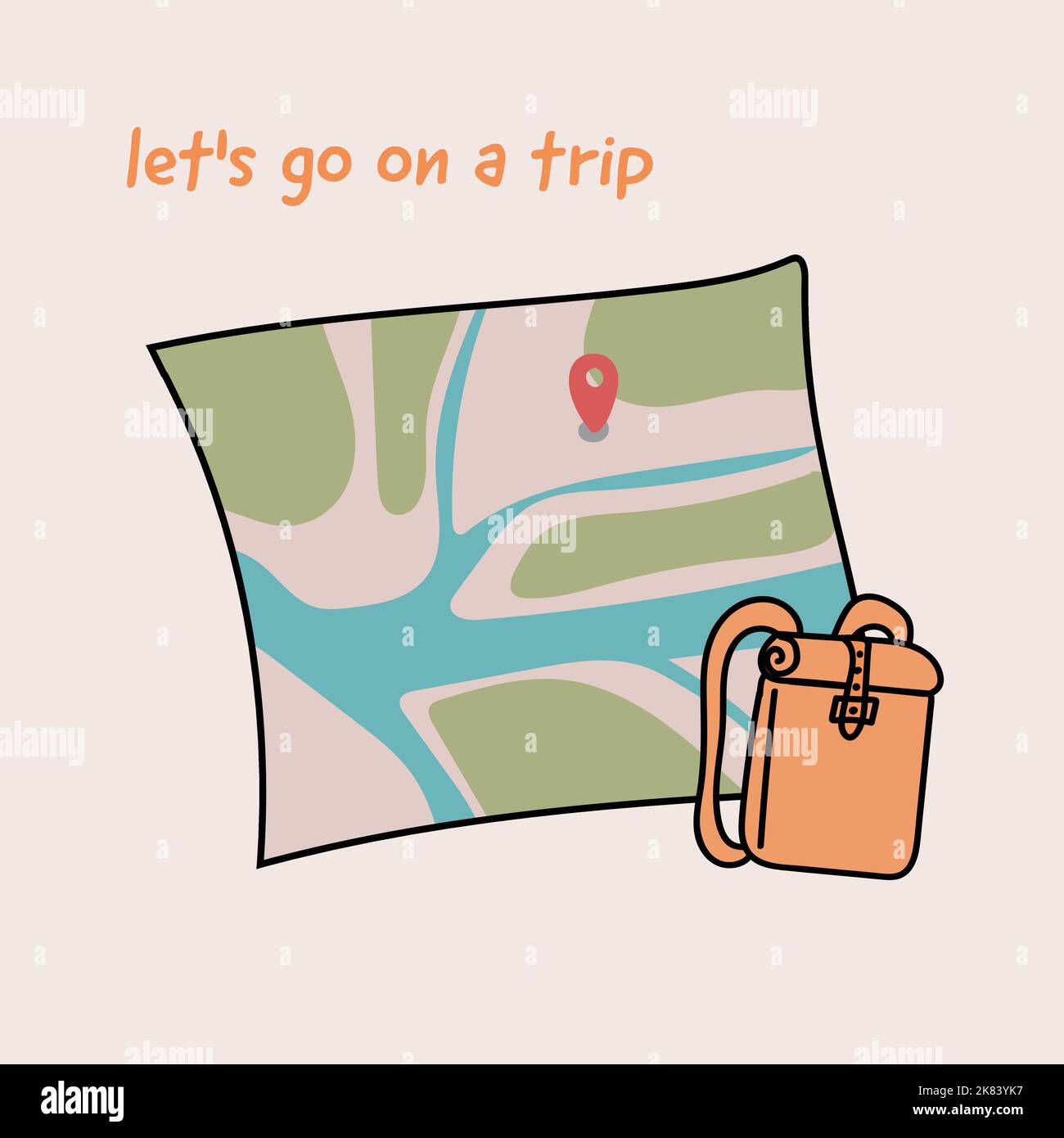 go on a trip. cute postcard, map and backpack Stock Vector