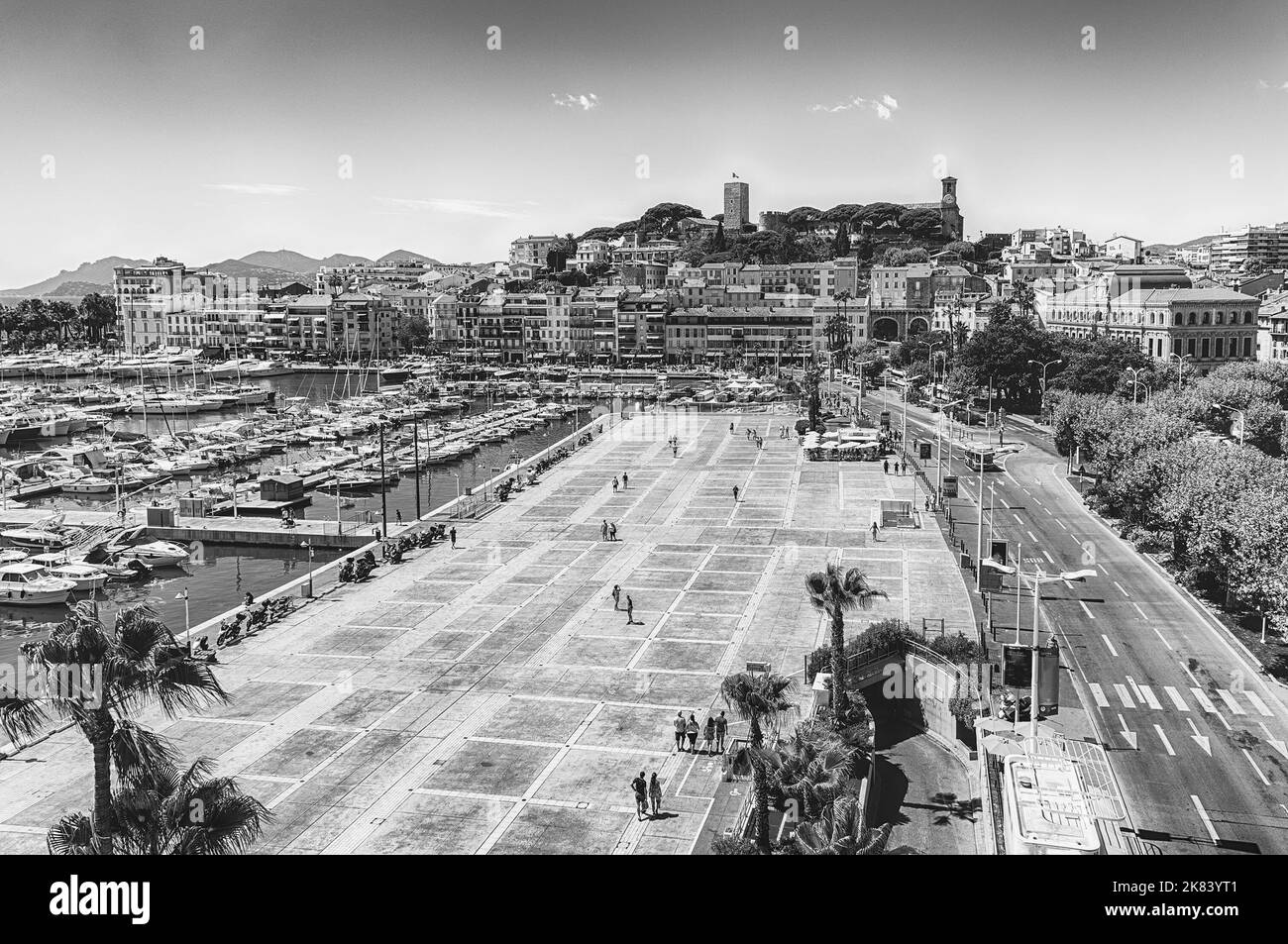 Aerial view over the Vieux Port (Old Harbor) and Le Suquet district in Cannes, Cote d'Azur, France Stock Photo