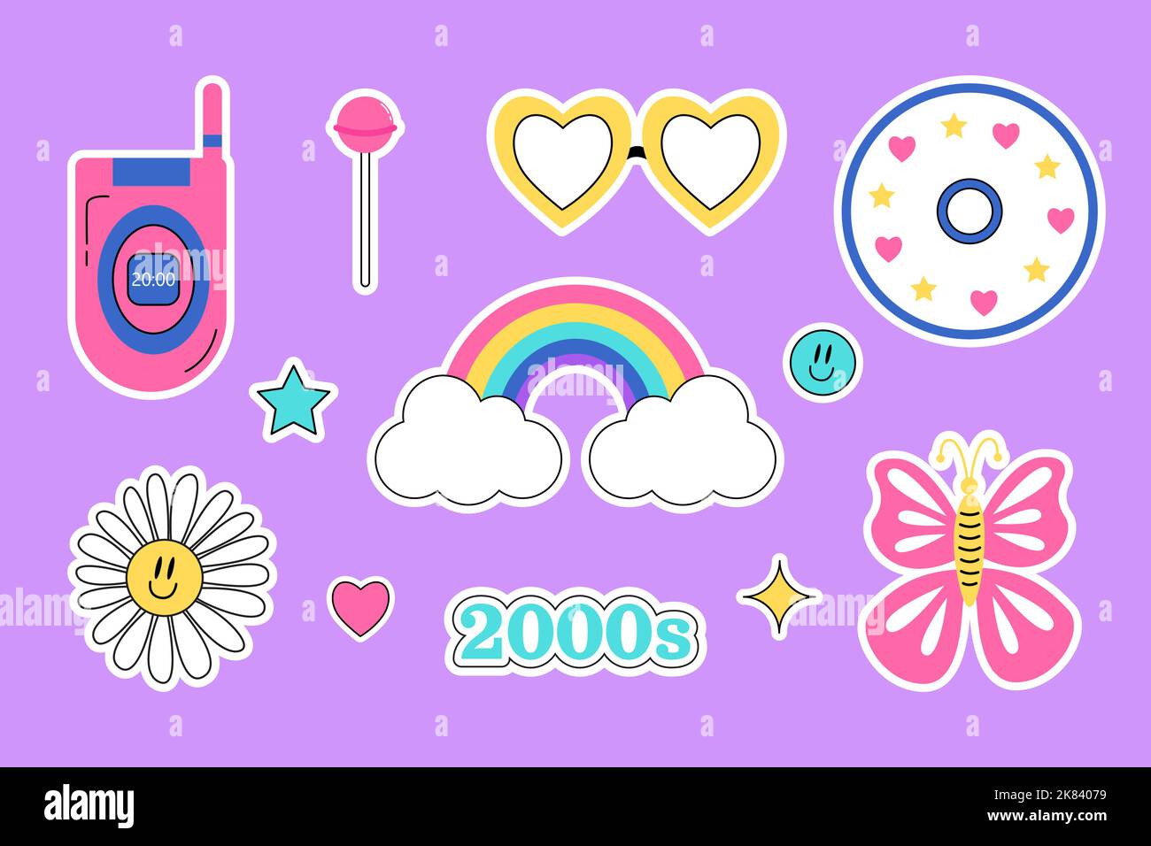 2000 psychedelic set stickers. Trippy daisy, rainbow, smile, lollypop, stars, butterfly, compact disc, mobile phone, glasses on purple background. Y2k Stock Vector