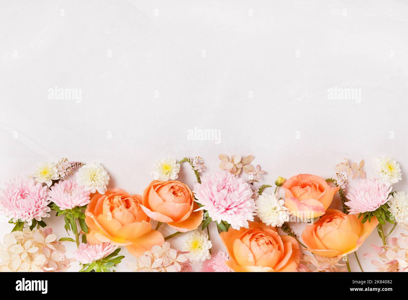 Autumn creative composition roses, hydrangea flowers on gray background. Fall, autumn background. Stock Photo