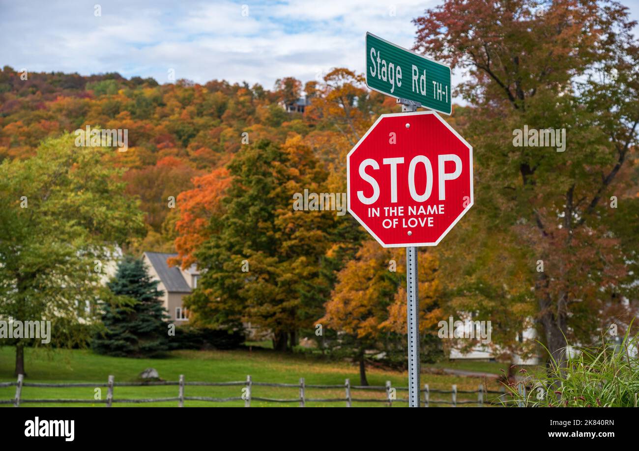 Stop in the name of love road sign in center of Barnard in Vermont during the fall Stock Photo