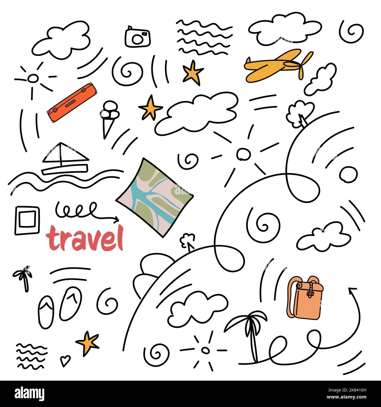 a stylish picture, map plane backpack. Travels. Stock Vector