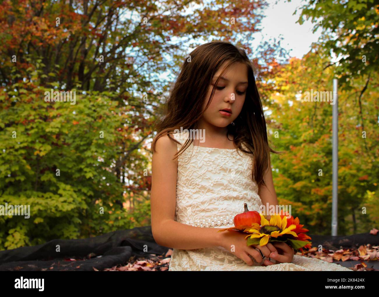 Beautiful young girl sitting on a trampoline holding sunflowers and a small pumpkin in Autumn Stock Photo
